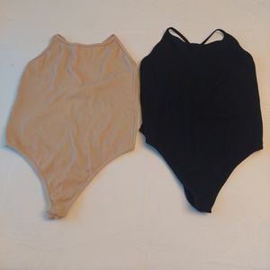 Mono B Ribbed Bodysuit 2 Piece Set Nude Black Stretch Criss Cross Back Size L